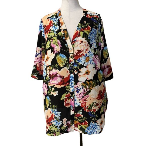 Show Me Your MUMU Kimono Duster Top Cover Up Black Floral Multi Small NEW - Picture 4 of 13